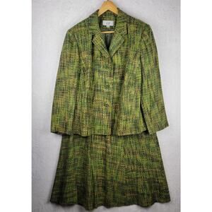 20W Career Power Skirt Suit Green Yellow Tweed 3 Button Blazer Knee Swing Skirt